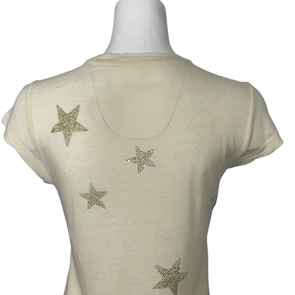 Zadig & Voltaire Skinny Stars Strass Tee Shirt Top XS Cream Embellished Linen - Picture 9 of 13